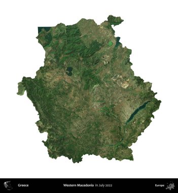 Batı Makedonya. Yunanistan idari bölgesi, Temmuz 2022 'de çekilen Global Mozaik Sentinel-2 karolarından oluşan bir uydu görüntüsü üzerinde beyaza izole edildi