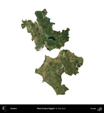 Batı Yunanistan Bölgesi. Yunanistan idari bölgesi, Temmuz 2022 'de çekilen Global Mozaik Sentinel-2 karolarından oluşan bir uydu görüntüsü üzerinde beyaza izole edildi