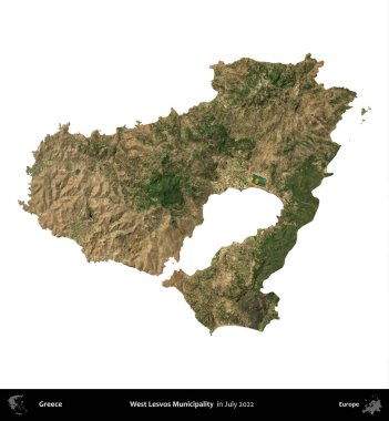 Batı Lesvos Belediyesi. Yunanistan idari bölgesi, Temmuz 2022 'de çekilen Global Mozaik Sentinel-2 karolarından oluşan bir uydu görüntüsü üzerinde beyaza izole edildi