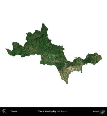 Xanthi Belediyesi. Yunanistan idari bölgesi, Temmuz 2022 'de çekilen Global Mozaik Sentinel-2 karolarından oluşan bir uydu görüntüsü üzerinde beyaza izole edildi