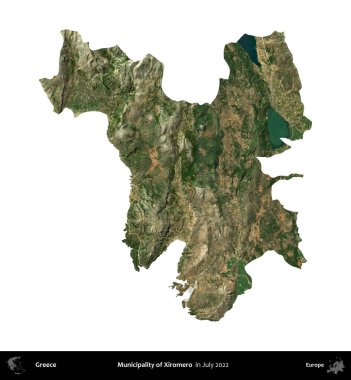 Xiromero Belediyesi. Yunanistan idari bölgesi, Temmuz 2022 'de çekilen Global Mozaik Sentinel-2 karolarından oluşan bir uydu görüntüsü üzerinde beyaza izole edildi
