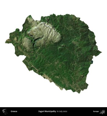 Zagori Belediyesi. Yunanistan idari bölgesi, Temmuz 2022 'de çekilen Global Mozaik Sentinel-2 karolarından oluşan bir uydu görüntüsü üzerinde beyaza izole edildi