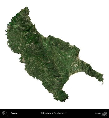 Zakynthos. Yunanistan idari bölgesi, Ekim 2022 'de çekilen Global Mozaik Sentinel-2 karolarından oluşan bir uydu görüntüsü üzerinde beyaza izole edildi