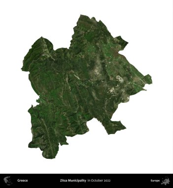 Zitsa Belediyesi. Yunanistan idari bölgesi, Ekim 2022 'de çekilen Global Mozaik Sentinel-2 karolarından oluşan bir uydu görüntüsü üzerinde beyaza izole edildi