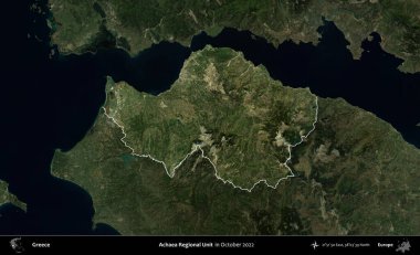 Achaea Bölgesel Birimi. Yunanistan 'ın idari alanı, Ekim 2022' de çekilen Global Mozaik Sentinel-2 karolarından oluşan koyu renkli bir uydu görüntüsü üzerinde vurgulandı ve özetlendi