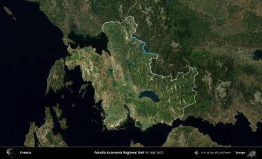 Aetolia-Acarnania Bölgesel Birimi. Yunanistan 'ın idari alanı, Temmuz 2022' de çekilen Global Mozaik Sentinel-2 karolarından oluşan koyu renkli bir uydu görüntüsü üzerinde vurgulandı ve özetlendi
