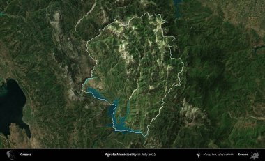 Agrafa Belediyesi. Yunanistan 'ın idari alanı, Temmuz 2022' de çekilen Global Mozaik Sentinel-2 karolarından oluşan koyu renkli bir uydu görüntüsü üzerinde vurgulandı ve özetlendi