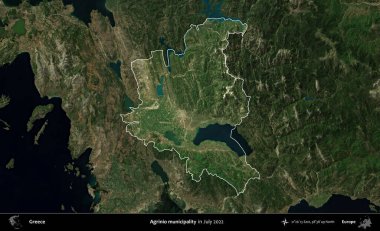 Agrinio belediyesi. Yunanistan 'ın idari alanı, Temmuz 2022' de çekilen Global Mozaik Sentinel-2 karolarından oluşan koyu renkli bir uydu görüntüsü üzerinde vurgulandı ve özetlendi