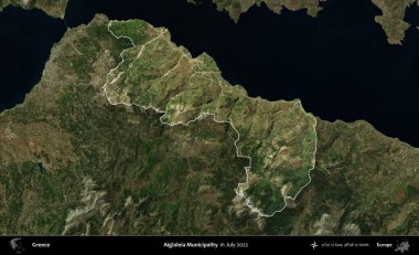 Aigialeia Belediyesi. Yunanistan 'ın idari alanı, Temmuz 2022' de çekilen Global Mozaik Sentinel-2 karolarından oluşan koyu renkli bir uydu görüntüsü üzerinde vurgulandı ve özetlendi