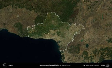 Dedeağaç Belediyesi. Yunanistan 'ın idari alanı, Ekim 2022' de çekilen Global Mozaik Sentinel-2 karolarından oluşan koyu renkli bir uydu görüntüsü üzerinde vurgulandı ve özetlendi