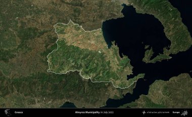 Almyros Belediyesi. Yunanistan 'ın idari alanı, Temmuz 2022' de çekilen Global Mozaik Sentinel-2 karolarından oluşan koyu renkli bir uydu görüntüsü üzerinde vurgulandı ve özetlendi