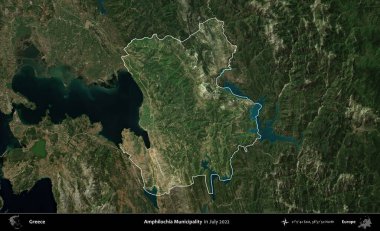 Amphilochia Belediyesi. Yunanistan 'ın idari alanı, Temmuz 2022' de çekilen Global Mozaik Sentinel-2 karolarından oluşan koyu renkli bir uydu görüntüsü üzerinde vurgulandı ve özetlendi