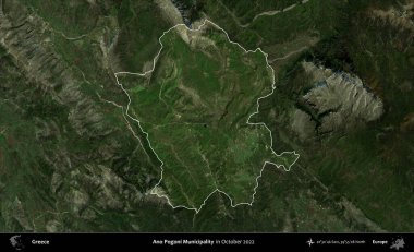 Ano Pogoni Belediyesi. Yunanistan 'ın idari alanı, Ekim 2022' de çekilen Global Mozaik Sentinel-2 karolarından oluşan koyu renkli bir uydu görüntüsü üzerinde vurgulandı ve özetlendi