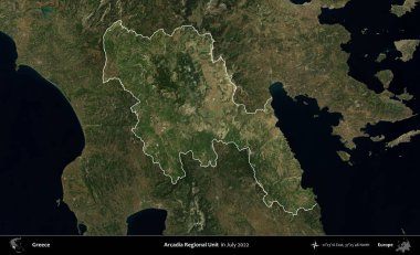 Arcadia Bölgesel Birimi. Yunanistan 'ın idari alanı, Temmuz 2022' de çekilen Global Mozaik Sentinel-2 karolarından oluşan koyu renkli bir uydu görüntüsü üzerinde vurgulandı ve özetlendi