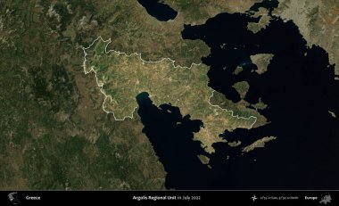 Argolis Bölgesel Birimi. Yunanistan 'ın idari alanı, Temmuz 2022' de çekilen Global Mozaik Sentinel-2 karolarından oluşan koyu renkli bir uydu görüntüsü üzerinde vurgulandı ve özetlendi