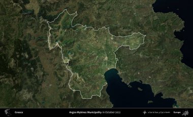 Argos-Mykines Belediyesi. Yunanistan 'ın idari alanı, Ekim 2022' de çekilen Global Mozaik Sentinel-2 karolarından oluşan koyu renkli bir uydu görüntüsü üzerinde vurgulandı ve özetlendi