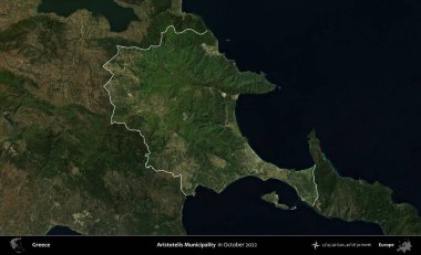 Aristo Belediyesi. Yunanistan 'ın idari alanı, Ekim 2022' de çekilen Global Mozaik Sentinel-2 karolarından oluşan koyu renkli bir uydu görüntüsü üzerinde vurgulandı ve özetlendi