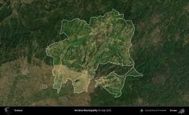 Arriana Belediyesi. Yunanistan 'ın idari alanı, Temmuz 2022' de çekilen Global Mozaik Sentinel-2 karolarından oluşan koyu renkli bir uydu görüntüsü üzerinde vurgulandı ve özetlendi