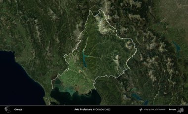 Arta Bölgesi. Yunanistan 'ın idari alanı, Ekim 2022' de çekilen Global Mozaik Sentinel-2 karolarından oluşan koyu renkli bir uydu görüntüsü üzerinde vurgulandı ve özetlendi