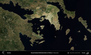 Attica. Yunanistan 'ın idari alanı, Temmuz 2022' de çekilen Global Mozaik Sentinel-2 karolarından oluşan koyu renkli bir uydu görüntüsü üzerinde vurgulandı ve özetlendi