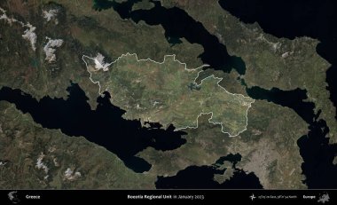 Boeotia Bölgesel Birimi. Yunanistan 'ın idari alanı, Ocak 2023' te çekilen Global Mozaik Sentinel-2 karolarından oluşan koyu renkli bir uydu görüntüsü üzerinde vurgulandı ve özetlendi