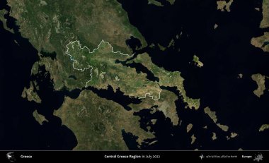 Orta Yunanistan Bölgesi. Yunanistan 'ın idari alanı, Temmuz 2022' de çekilen Global Mozaik Sentinel-2 karolarından oluşan koyu renkli bir uydu görüntüsü üzerinde vurgulandı ve özetlendi