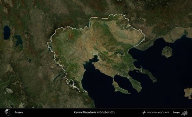 Orta Makedonya. Yunanistan 'ın idari alanı, Ekim 2022' de çekilen Global Mozaik Sentinel-2 karolarından oluşan koyu renkli bir uydu görüntüsü üzerinde vurgulandı ve özetlendi