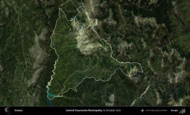 Merkez Tzoumerka Belediyesi. Yunanistan 'ın idari alanı, Ekim 2022' de çekilen Global Mozaik Sentinel-2 karolarından oluşan koyu renkli bir uydu görüntüsü üzerinde vurgulandı ve özetlendi