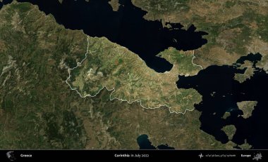 Korinthia 'da. Yunanistan 'ın idari alanı, Temmuz 2022' de çekilen Global Mozaik Sentinel-2 karolarından oluşan koyu renkli bir uydu görüntüsü üzerinde vurgulandı ve özetlendi