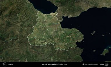 Corinth Belediyesi. Yunanistan 'ın idari alanı, Ekim 2022' de çekilen Global Mozaik Sentinel-2 karolarından oluşan koyu renkli bir uydu görüntüsü üzerinde vurgulandı ve özetlendi