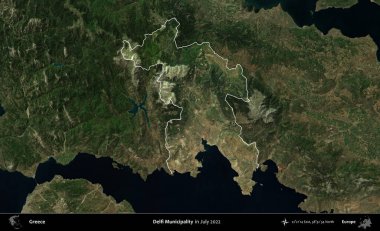 Delfi Belediyesi. Yunanistan 'ın idari alanı, Temmuz 2022' de çekilen Global Mozaik Sentinel-2 karolarından oluşan koyu renkli bir uydu görüntüsü üzerinde vurgulandı ve özetlendi