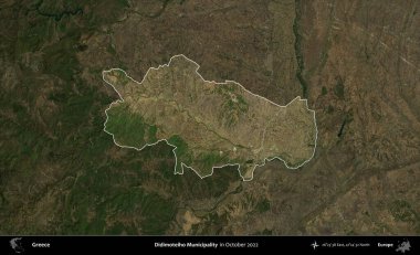 Didimoteiho Belediyesi. Yunanistan 'ın idari alanı, Ekim 2022' de çekilen Global Mozaik Sentinel-2 karolarından oluşan koyu renkli bir uydu görüntüsü üzerinde vurgulandı ve özetlendi