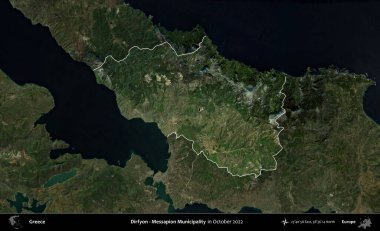 Dirfyon - Messapion Belediyesi. Yunanistan 'ın idari alanı, Ekim 2022' de çekilen Global Mozaik Sentinel-2 karolarından oluşan koyu renkli bir uydu görüntüsü üzerinde vurgulandı ve özetlendi