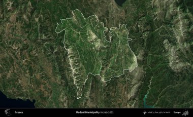 Dodoni Belediyesi. Yunanistan 'ın idari alanı, Temmuz 2022' de çekilen Global Mozaik Sentinel-2 karolarından oluşan koyu renkli bir uydu görüntüsü üzerinde vurgulandı ve özetlendi