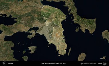 Doğu Attica Bölgesel Birimi. Yunanistan 'ın idari alanı, Temmuz 2022' de çekilen Global Mozaik Sentinel-2 karolarından oluşan koyu renkli bir uydu görüntüsü üzerinde vurgulandı ve özetlendi