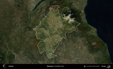 Elassona. Yunanistan 'ın idari alanı, Ekim 2022' de çekilen Global Mozaik Sentinel-2 karolarından oluşan koyu renkli bir uydu görüntüsü üzerinde vurgulandı ve özetlendi
