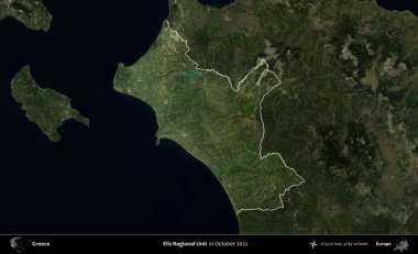 Elis Bölgesel Birimi. Yunanistan 'ın idari alanı, Ekim 2022' de çekilen Global Mozaik Sentinel-2 karolarından oluşan koyu renkli bir uydu görüntüsü üzerinde vurgulandı ve özetlendi