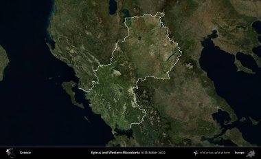 Epirus ve Batı Makedonya. Yunanistan 'ın idari alanı, Ekim 2022' de çekilen Global Mozaik Sentinel-2 karolarından oluşan koyu renkli bir uydu görüntüsü üzerinde vurgulandı ve özetlendi