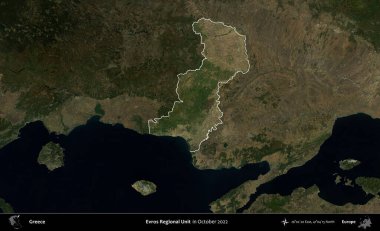 Evros Bölgesel Birimi. Yunanistan 'ın idari alanı, Ekim 2022' de çekilen Global Mozaik Sentinel-2 karolarından oluşan koyu renkli bir uydu görüntüsü üzerinde vurgulandı ve özetlendi