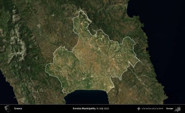Evrotas Belediyesi. Yunanistan 'ın idari alanı, Temmuz 2022' de çekilen Global Mozaik Sentinel-2 karolarından oluşan koyu renkli bir uydu görüntüsü üzerinde vurgulandı ve özetlendi