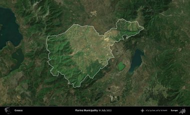 Florina Belediyesi. Yunanistan 'ın idari alanı, Temmuz 2022' de çekilen Global Mozaik Sentinel-2 karolarından oluşan koyu renkli bir uydu görüntüsü üzerinde vurgulandı ve özetlendi