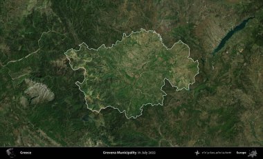 Grevena Belediyesi. Yunanistan 'ın idari alanı, Temmuz 2022' de çekilen Global Mozaik Sentinel-2 karolarından oluşan koyu renkli bir uydu görüntüsü üzerinde vurgulandı ve özetlendi