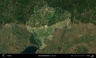 Iasmos Belediyesi. Yunanistan 'ın idari alanı, Temmuz 2022' de çekilen Global Mozaik Sentinel-2 karolarından oluşan koyu renkli bir uydu görüntüsü üzerinde vurgulandı ve özetlendi