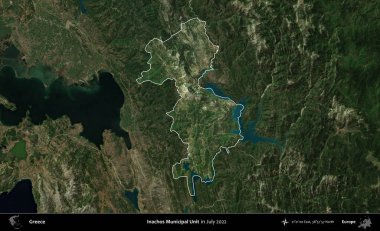 Inachos Belediye Birimi. Yunanistan 'ın idari alanı, Temmuz 2022' de çekilen Global Mozaik Sentinel-2 karolarından oluşan koyu renkli bir uydu görüntüsü üzerinde vurgulandı ve özetlendi