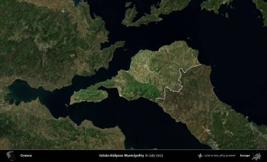 Istiaia-Aidipsos Belediyesi. Yunanistan 'ın idari alanı, Temmuz 2022' de çekilen Global Mozaik Sentinel-2 karolarından oluşan koyu renkli bir uydu görüntüsü üzerinde vurgulandı ve özetlendi