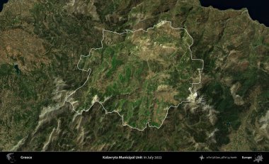 Kalavryta Belediye Birimi. Yunanistan 'ın idari alanı, Temmuz 2022' de çekilen Global Mozaik Sentinel-2 karolarından oluşan koyu renkli bir uydu görüntüsü üzerinde vurgulandı ve özetlendi