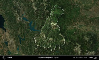 Karpenisi Belediyesi. Yunanistan 'ın idari alanı, Temmuz 2022' de çekilen Global Mozaik Sentinel-2 karolarından oluşan koyu renkli bir uydu görüntüsü üzerinde vurgulandı ve özetlendi