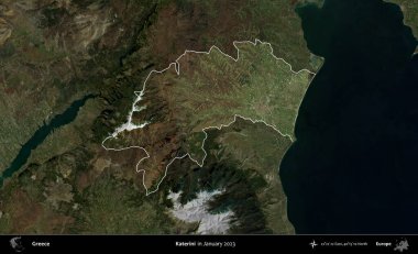 Katerini. Yunanistan 'ın idari alanı, Ocak 2023' te çekilen Global Mozaik Sentinel-2 karolarından oluşan koyu renkli bir uydu görüntüsü üzerinde vurgulandı ve özetlendi