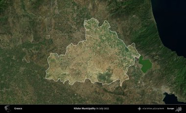 Kileler Belediyesi. Yunanistan 'ın idari alanı, Temmuz 2022' de çekilen Global Mozaik Sentinel-2 karolarından oluşan koyu renkli bir uydu görüntüsü üzerinde vurgulandı ve özetlendi
