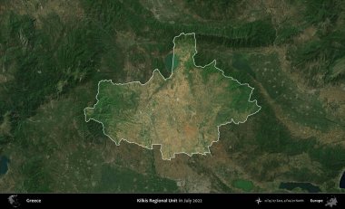 Kilkis Bölgesel Birimi. Yunanistan 'ın idari alanı, Temmuz 2022' de çekilen Global Mozaik Sentinel-2 karolarından oluşan koyu renkli bir uydu görüntüsü üzerinde vurgulandı ve özetlendi